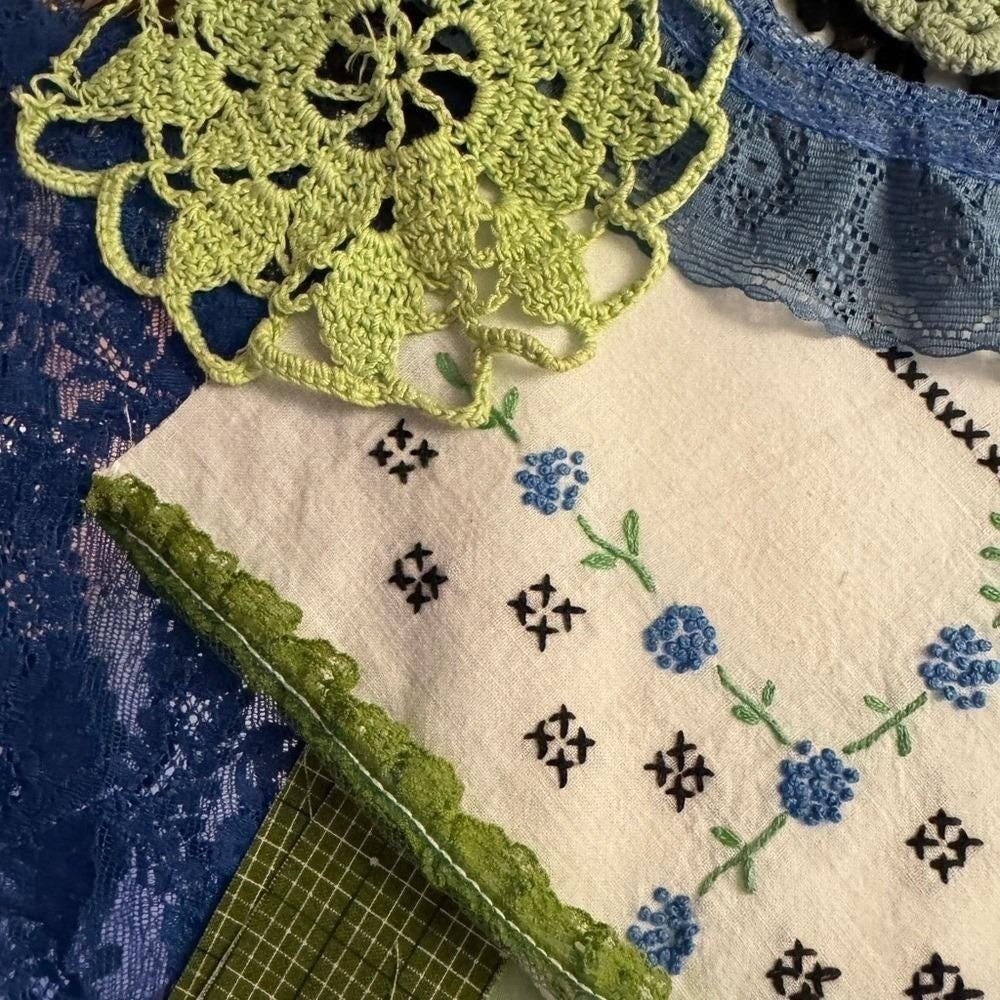 Vintage Blue‎ Green Fabric Scrap Bundle Lace Embroidery Crochet Junk Journal L